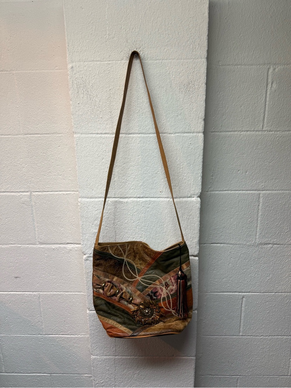Patchwork Multicolor Shoulder Bag with Tassel Accent
